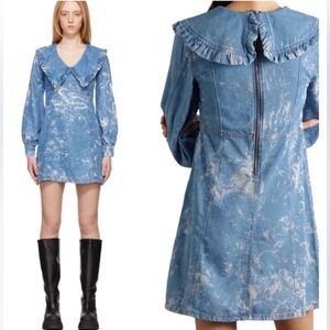 Ganni Bleached Denim Dress with Oversized Ruffle Collar Detail size 34/4 #999